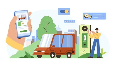 Flat man character charge electric car at ev charger station via mobile app Stock Illustration