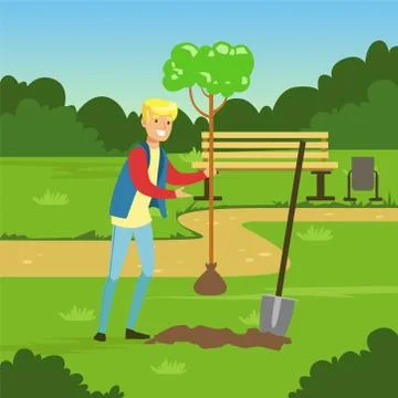 Flat man character planting tree in the park Illustration