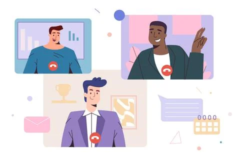 Flat man employees have virtual video conference call Illustrazione stock