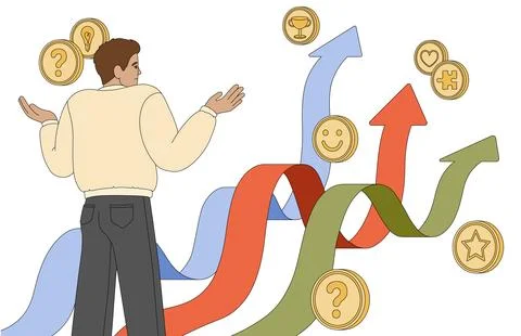 Flat man looking at multiple pathways and choose the right way Stock Illustration