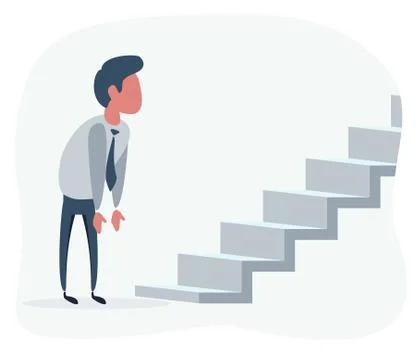 Flat Man Looking at the stair with question of new opportunities or challenges. Stock Illustration