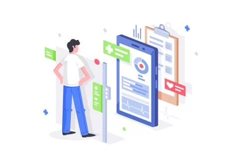 Flat man is online diagnostics with 3d mobile phone like medical tablet. Stock Illustration