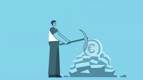 Flat man with pickaxe mines a euro in mine. Flat Design Cartoon Character 스톡 동영상 159088950