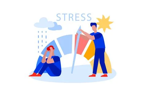 Flat man reducing stress level, struggling with arrow of crisis Stock Illustration