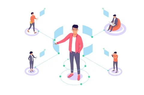 Flat man with remote employee communication and modern interface. Stock Illustration