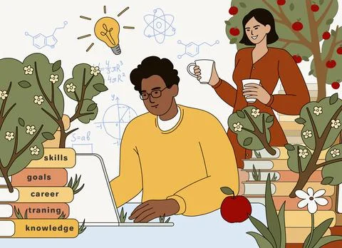 Flat man sit with stack of books and improve job skills Illustrazione stock