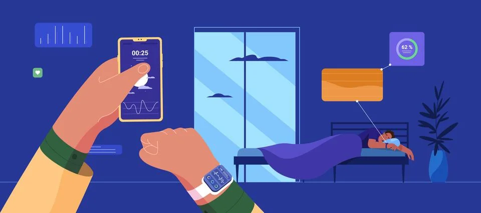 Flat man sleeping in bed with smartwatch for sleep tracker Stock Illustration