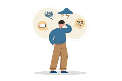 Flat man with symptoms of depression disorder overhead Stock Illustration