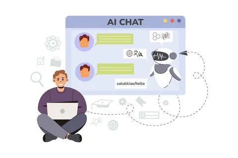 Flat man using Ai technology for help answer questions Stock Illustration