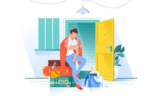 Flat man waiting trip and looks at watch with bags. Stock Illustration