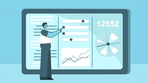 Flat man working in software on computer tablet. Business and technology concept Stock Footage 157167500