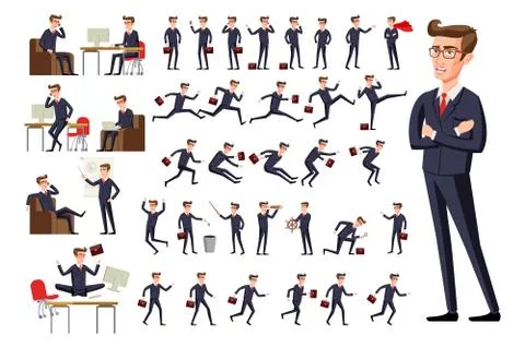 Flat Manager office workplace. Male businessman in dark suit and red tie at w Stock Illustration