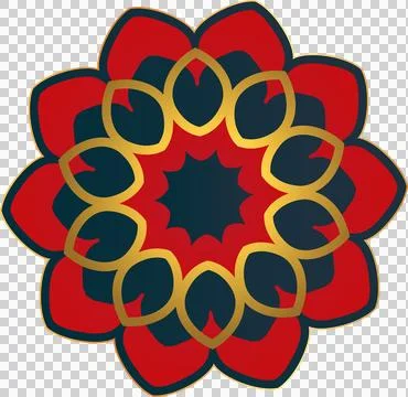 Flat mandala pattern is radiating red and dark blue petals with gold outlines on Stock Illustration