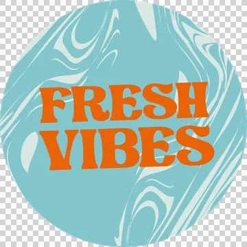 Flat marbled circle is featuring orange FRESH VIBES text and white swirls on Illustrazione stock