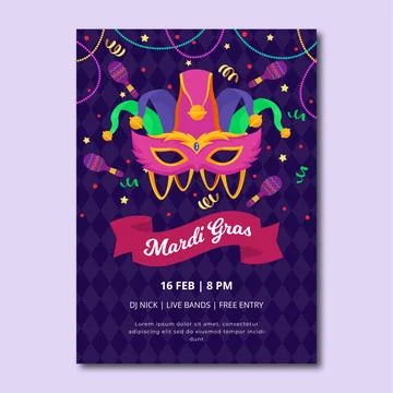 Flat mardi gras vertical poster template Stock Illustration