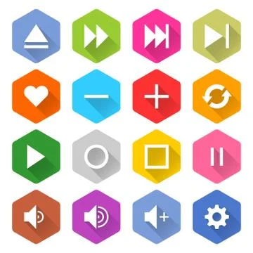 Flat media icon 16 set hexagon web button 스톡 일러스트