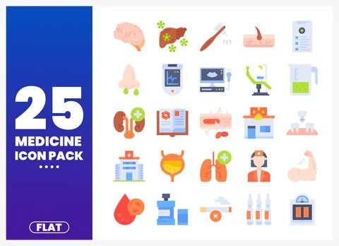 Flat medicine icon pack featuring healthcare illustrations on a white backg.. Stock Illustration