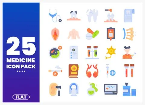 Flat medicine icon pack set with healthcare symbols. presented on a blue an.. Stock Illustration