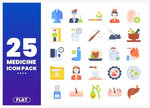 Flat medicine icons featuring a lab coat and a scientist 库存插图
