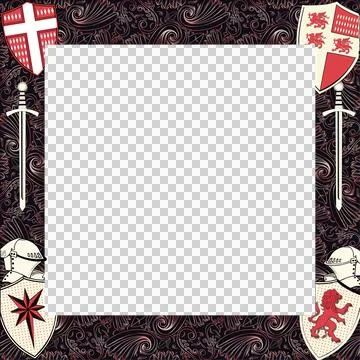 Flat medieval frame is featuring shields, border, swords, helmets, transparent Illustrazione stock