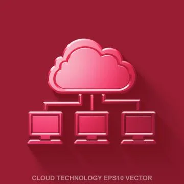 Flat metallic cloud computing 3D icon. Red Glossy Metal Cloud Network on Red 스톡 일러스트