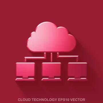 Flat metallic cloud computing 3D icon. Red Glossy Metal Cloud Network on Red Stock Illustration