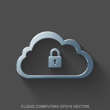 Flat metallic cloud computing 3D icon. Polished Steel Cloud With Padlock on Gray Illustrazione stock