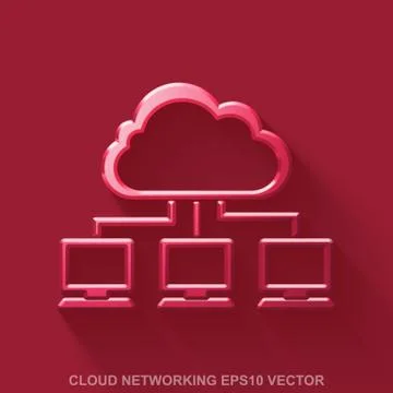 Flat metallic cloud computing 3D icon. Red Glossy Metal Cloud Network on Red Stock Illustration