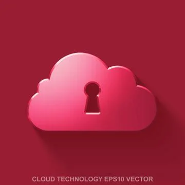 Flat metallic cloud computing 3D icon. Red Glossy Metal Cloud With Keyhole on Illustrazione stock