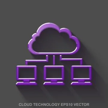 Flat metallic cloud computing 3D icon. Purple Glossy Metal Cloud Network on Gray Illustrazione stock