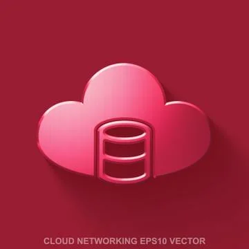 Flat metallic cloud networking 3D icon. Red Glossy Metal Database With Cloud on 스톡 일러스트