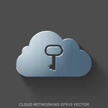 Flat metallic cloud networking 3D icon. Polished Steel Cloud With Key on Gray イラスト素材