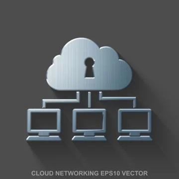 Flat metallic cloud networking 3D icon. Polished Steel Cloud Network on Gray Illustrazione stock