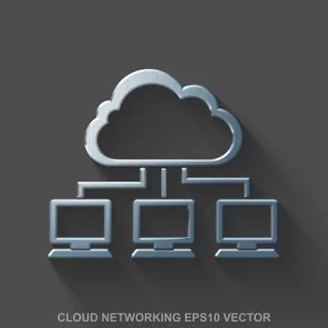 Flat metallic cloud networking 3D icon. Polished Steel Cloud Network on Gray Stock Illustration