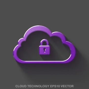 Flat metallic cloud technology 3D icon. Purple Glossy Metal Cloud With Padlock イラスト素材