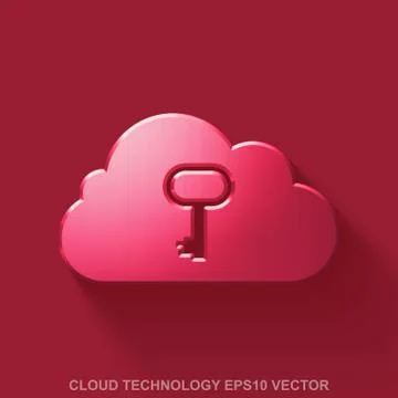 Flat metallic cloud technology 3D icon. Red Glossy Metal Cloud With Key on Red Stock Illustration