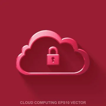 Flat metallic cloud technology 3D icon. Red Glossy Metal Cloud With Padlock on Stock Illustration