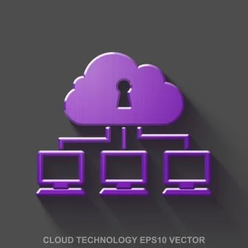 Flat metallic cloud technology 3D icon. Purple Glossy Metal Cloud Network on Stock Illustration