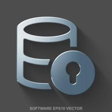 Flat metallic Database 3D icon. Polished Steel Database With Lock on Gray Stock Illustration