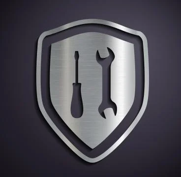 Flat metallic logo shield with tools. Stock-Illustration