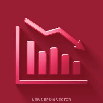 Flat metallic news 3D icon. Red Glossy Metal Decline Graph on Red background Stock Illustration