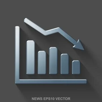 Flat metallic news 3D icon. Polished Steel Decline Graph on Gray background. EPS Stock Illustration