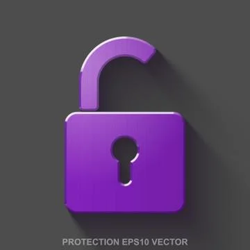 Flat metallic safety 3D icon. Purple Glossy Metal Opened Padlock on Gray Stock Illustration