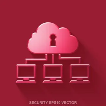 Flat metallic safety 3D icon. Red Glossy Metal Cloud Network on Red background Stock Illustration