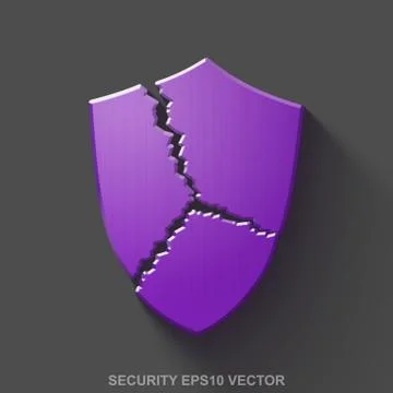 Flat metallic security 3D icon. Purple Glossy Metal Broken Shield on Gray Stock Illustration