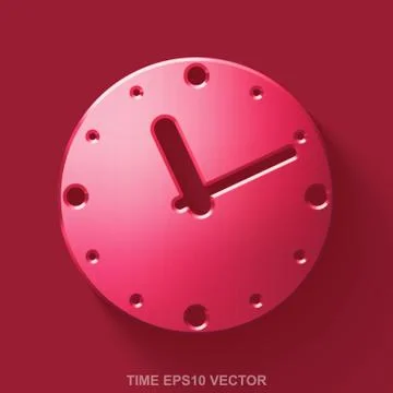 Flat metallic time 3D icon. Red Glossy Metal Clock on Red background. EPS 10 Stock Illustration