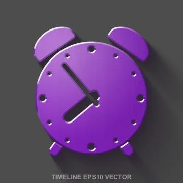 Flat metallic time 3D icon. Purple Glossy Metal Alarm Clock on Gray background Illustrazione stock