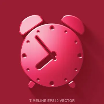 Flat metallic time 3D icon. Red Glossy Metal Alarm Clock on Red background. EPS Stock Illustration