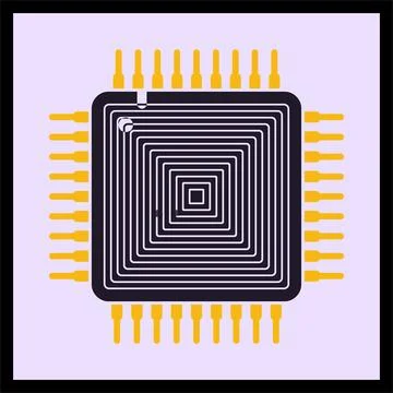 Flat microchip illustration yellow pins purple Illustrazione stock