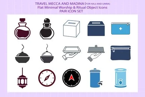 Flat Minimal Icon Set for Hajj and Umrah Travel Stock Illustration